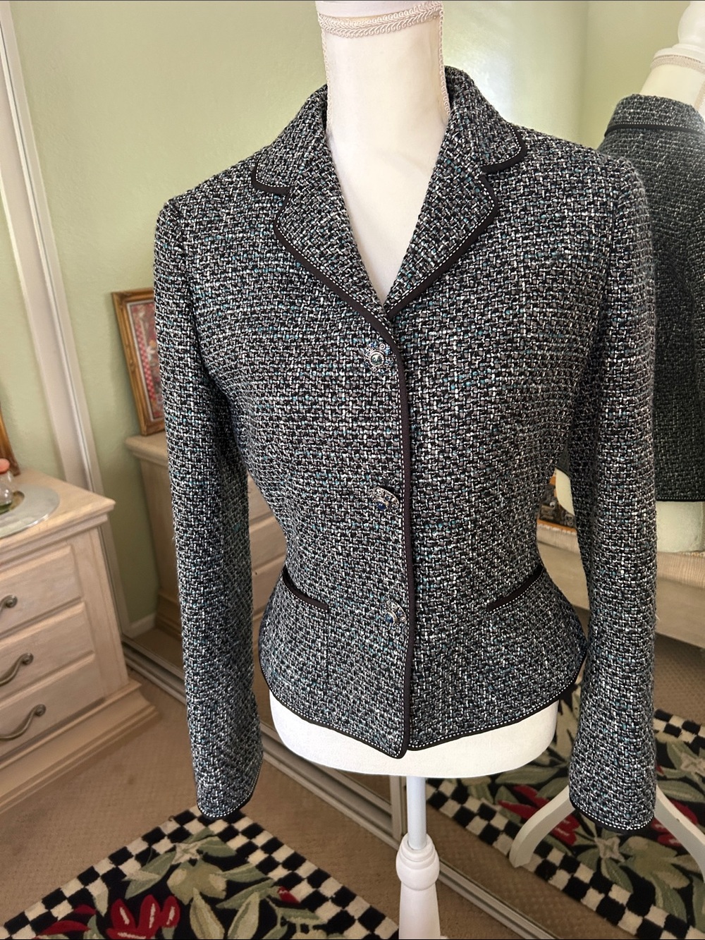 Elie Tahari Black & Gray Tweed Peplum Blazer